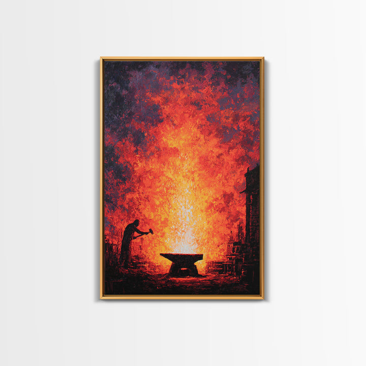 Lone Blacksmith Before Blazing Forge Wall Art, Fiery African Inspired Painting, Rustic Industrial Home Decor Gift For Him