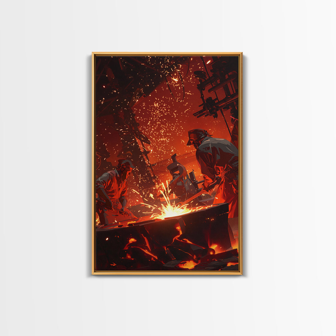 Two Foundry Workers Amid Sparks Framed Canvas Print, Fiery Industrial Wall Art, African Inspired Workshop Decor For Him Gift