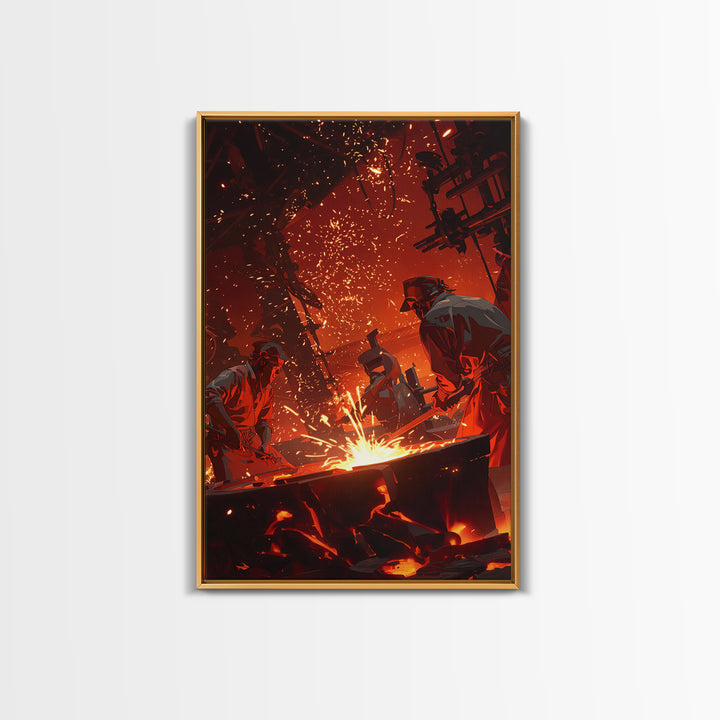 Two Foundry Workers Amid Sparks Framed Canvas Print, Fiery Industrial Wall Art, African Inspired Workshop Decor For Him Gift