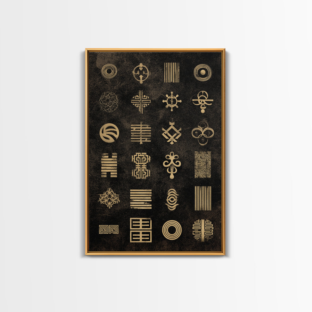 Gold African Adinkra Symbols Wall Art, Geometric Tribal Pattern, Black And Gold Art, Afrocentric Cultural Decor Gift Idea