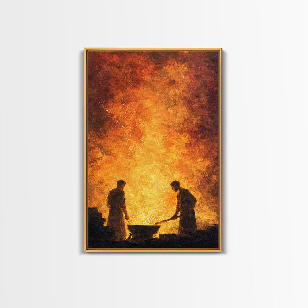 Two Blacksmiths Tending Glowing Forge Wall Art, Fiery African Inspired Painting, Rustic Workshop Home Decor Gift For Him