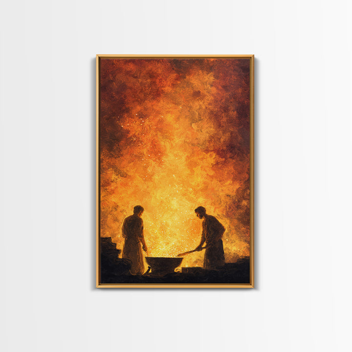 Two Blacksmiths Tending Glowing Forge Wall Art, Fiery African Inspired Painting, Rustic Workshop Home Decor Gift For Him