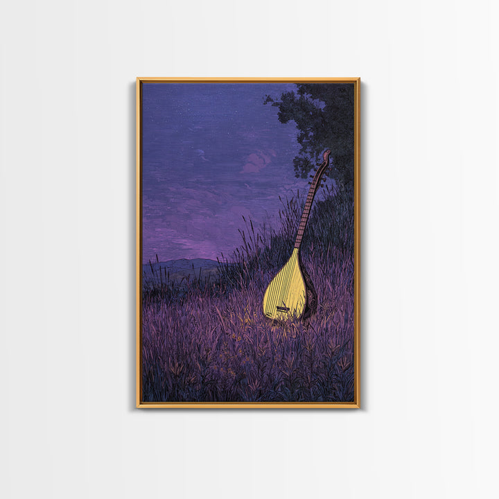 Glowing Kora In Purple Grass Wall Art, African Music Night Scene, Afrocentric Decor, Dreamy Cultural Canvas Print, Gift For Music Lovers