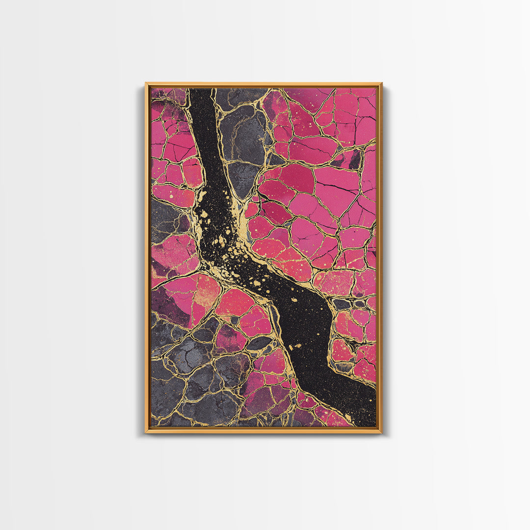 Pink Gold Kintsugi Abstract Wall Art, Cracked Stone Texture Painting, Modern Geometric Decor, Bold Contemporary Canvas Print