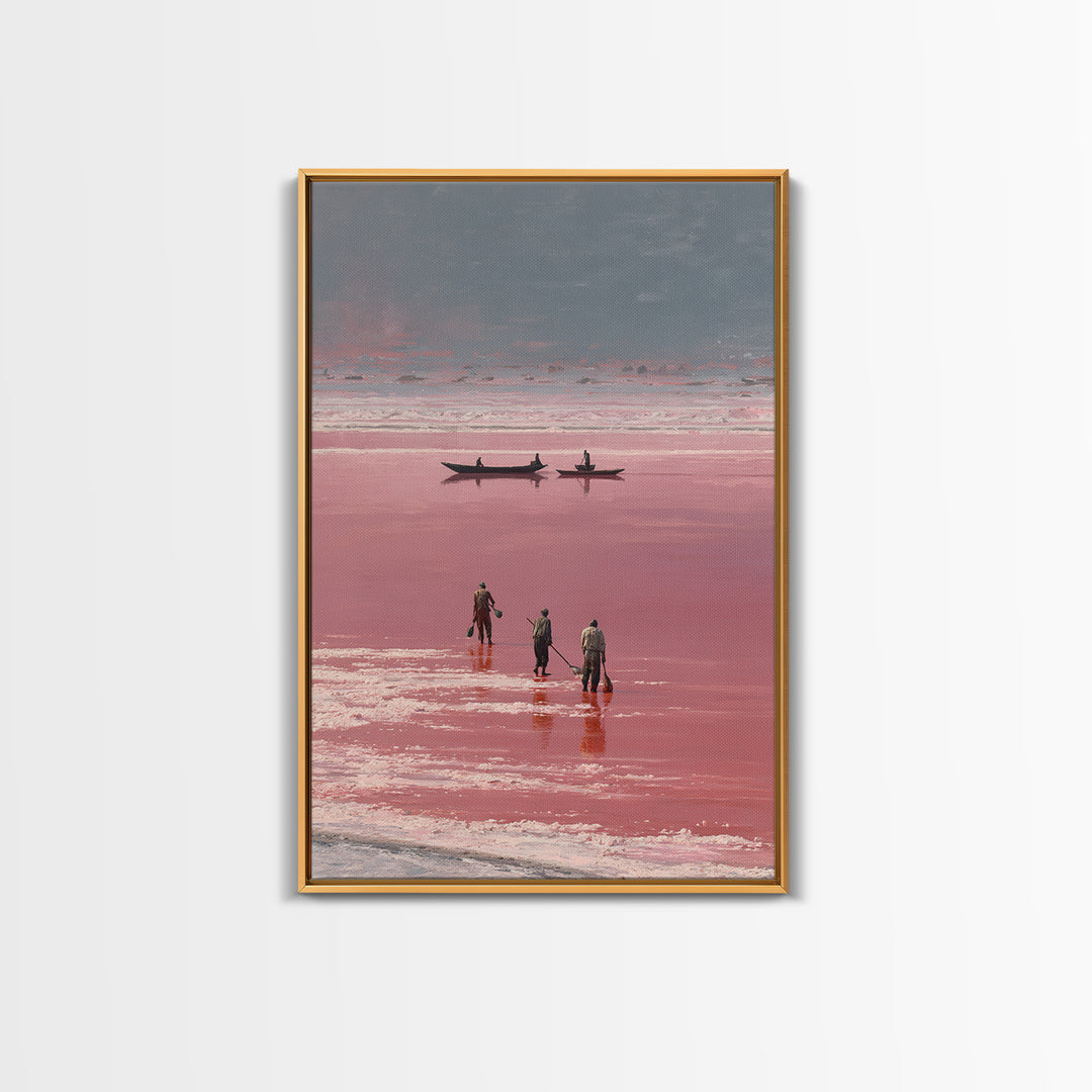 Rose Salt Lake Workers Canvas Print, African Landscape Wall Art, Pink Water Boats, Travel Poster, Serene Home Decor Gift