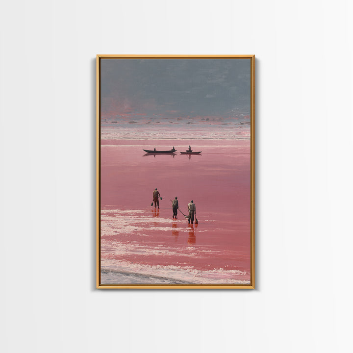 Rose Salt Lake Workers Canvas Print, African Landscape Wall Art, Pink Water Boats, Travel Poster, Serene Home Decor Gift