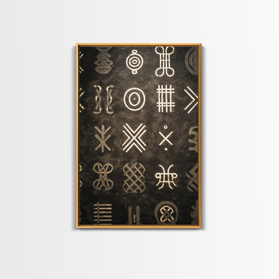 African Tribal Symbols Wall Art, Black And Gold Pattern Canvas Print, Mud Cloth Inspired Decor, Cultural Geometric Poster