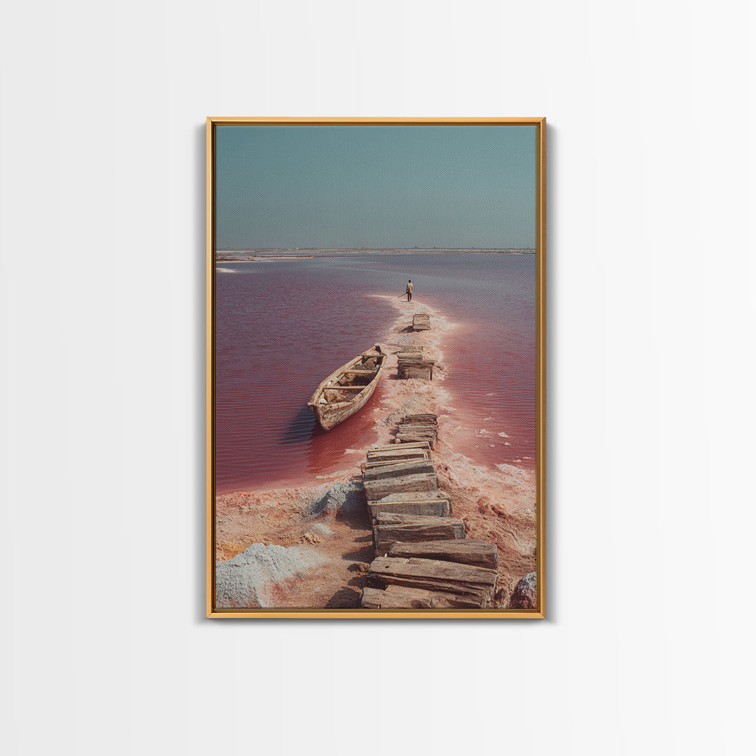 Wooden Path Through Pink Salt Lake Wall Art, African Landscape Canvas Print, Boat Travel Decor, Minimalist Coastal Art Gift