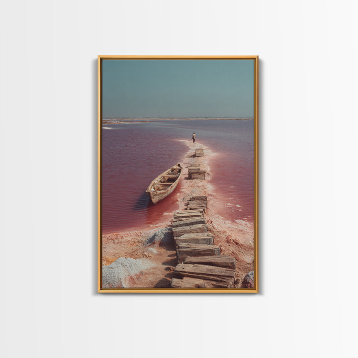 Wooden Path Through Pink Salt Lake Wall Art, African Landscape Canvas Print, Boat Travel Decor, Minimalist Coastal Art Gift