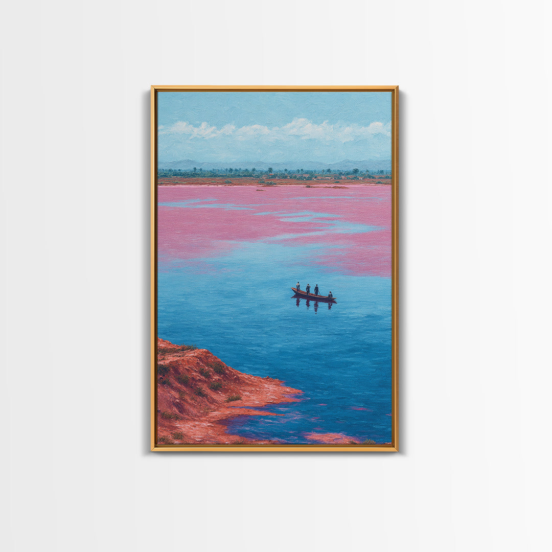Pink Salt Lake Fishermen Boat Wall Art, African Landscape Canvas Decor, Afrocentric Travel Print, Vibrant Living Room Artwork