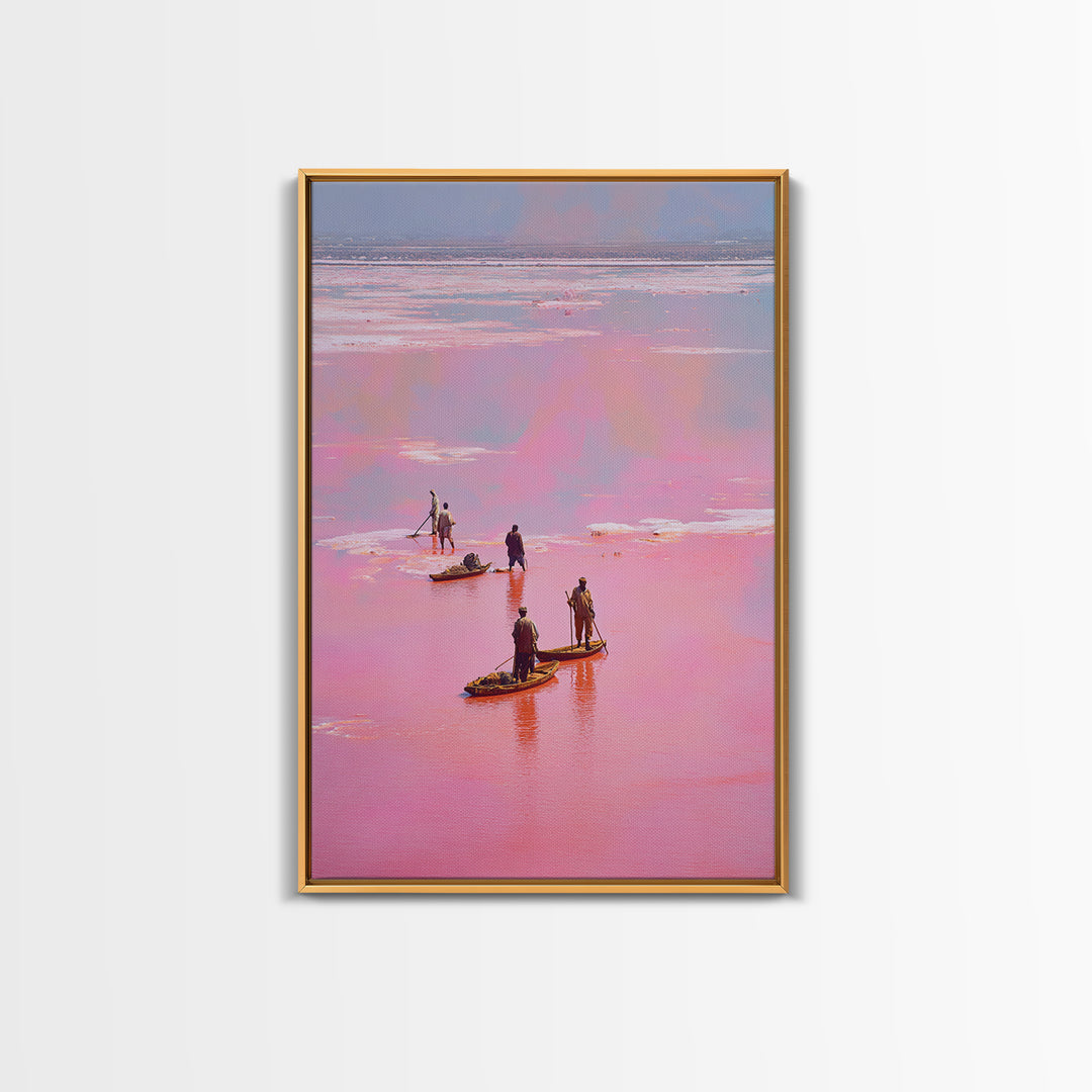 Rose Pink Salt Flats Canoes Canvas Print, African Fishermen Wall Decor, Pastel Safari Art Poster, Unique Home Decor Gift