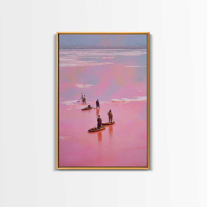 Rose Pink Salt Flats Canoes Canvas Print, African Fishermen Wall Decor, Pastel Safari Art Poster, Unique Home Decor Gift