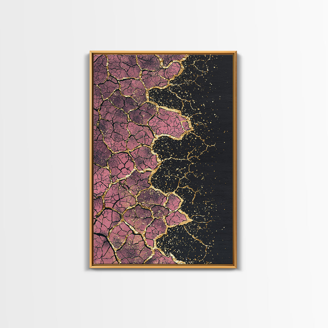 Cracked Pink Black Gold Abstract Wall Art, African Inspired Geometric Texture Print, Luxury Canvas Decor For Modern Home
