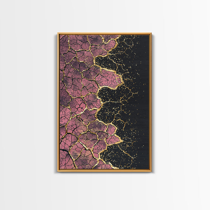 Cracked Pink Black Gold Abstract Wall Art, African Inspired Geometric Texture Print, Luxury Canvas Decor For Modern Home