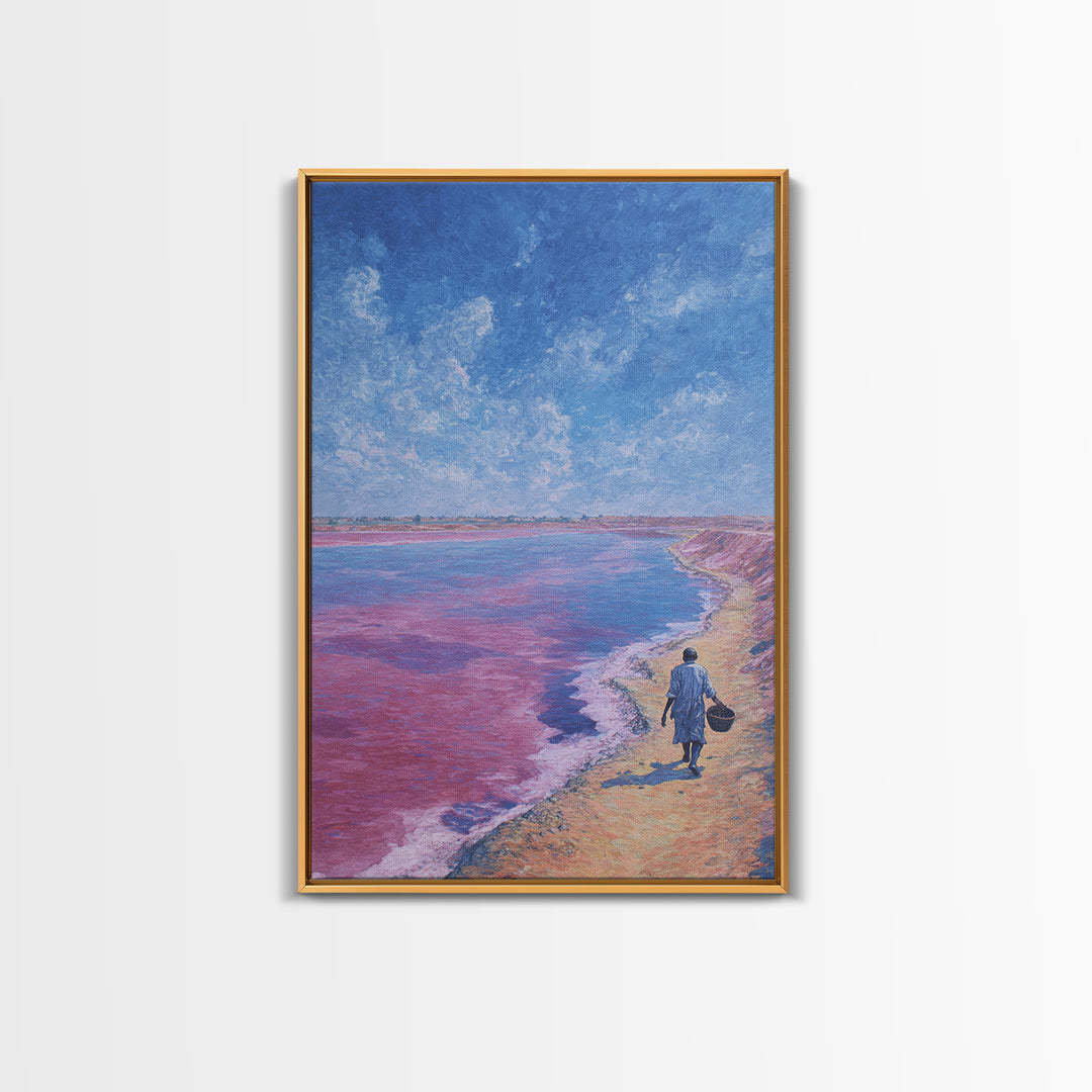 Lone Walker On Pink Shore Framed Canvas Print, African Landscape Wall Decor, Dreamy Lake Painting, Unique Travel Art Gift