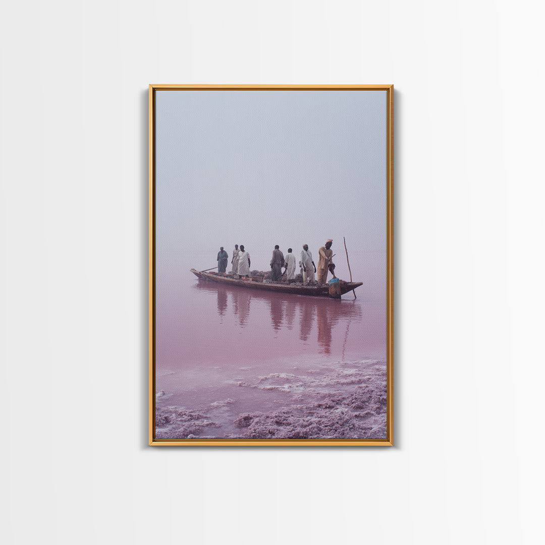 Misty Pink Lake Boat Canvas Print, African Fishermen Wall Art Decor, Minimalist Pastel Landscape, Serene Living Room Art