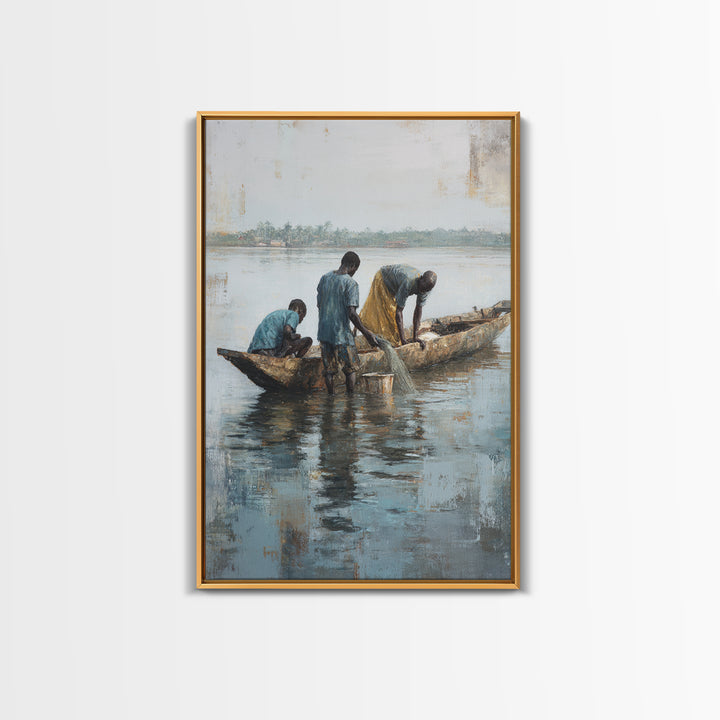 Fishermen Washing Nets By Canoe Wall Art, African Painting Canvas Decor, Cultural River Scene, Rustic Living Room Home Decor Gift