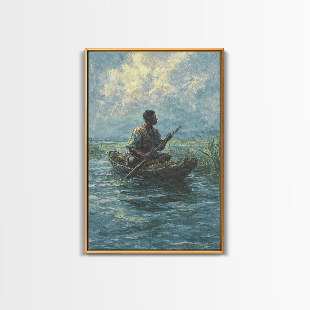 Solitary Canoe Fisherman Under Clouds Wall Art, African Landscape Print, Blue Green Nature Scene, Peaceful Canvas Home Decor