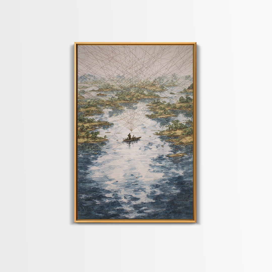 River Delta Boat And Map Lines Framed Canvas Print, African Landscape Wall Decor, Geometric Travel Art, Statement Home Decor
