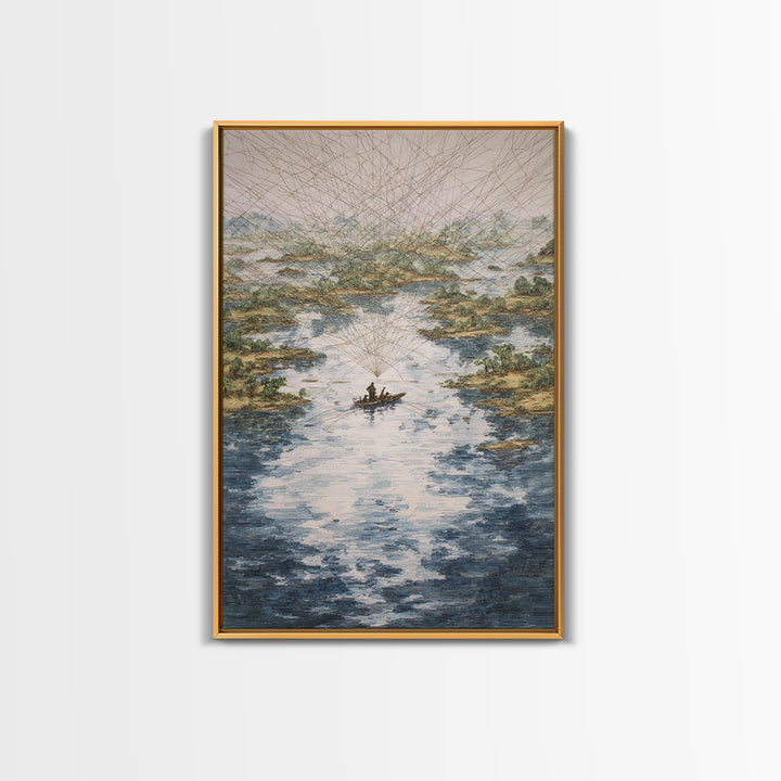 River Delta Boat And Map Lines Framed Canvas Print, African Landscape Wall Decor, Geometric Travel Art, Statement Home Decor