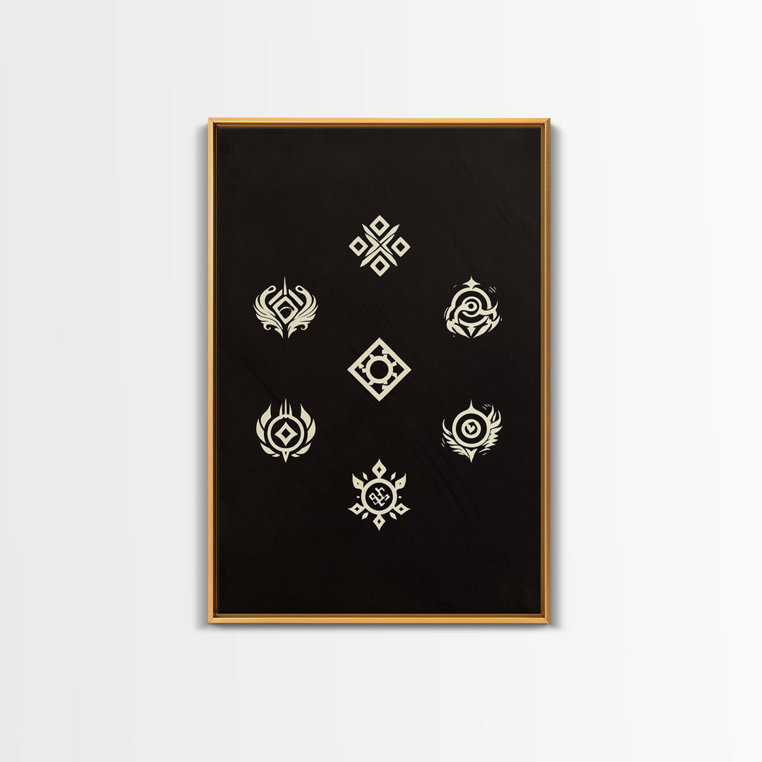 Cream Tribal Symbols On Black Canvas Print, African Abstract Wall Art Decor, Geometric Pattern Poster, Spiritual Home Decor