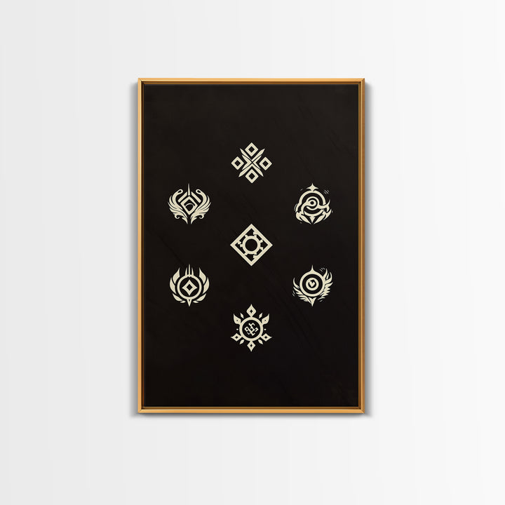 Cream Tribal Symbols On Black Canvas Print, African Abstract Wall Art Decor, Geometric Pattern Poster, Spiritual Home Decor