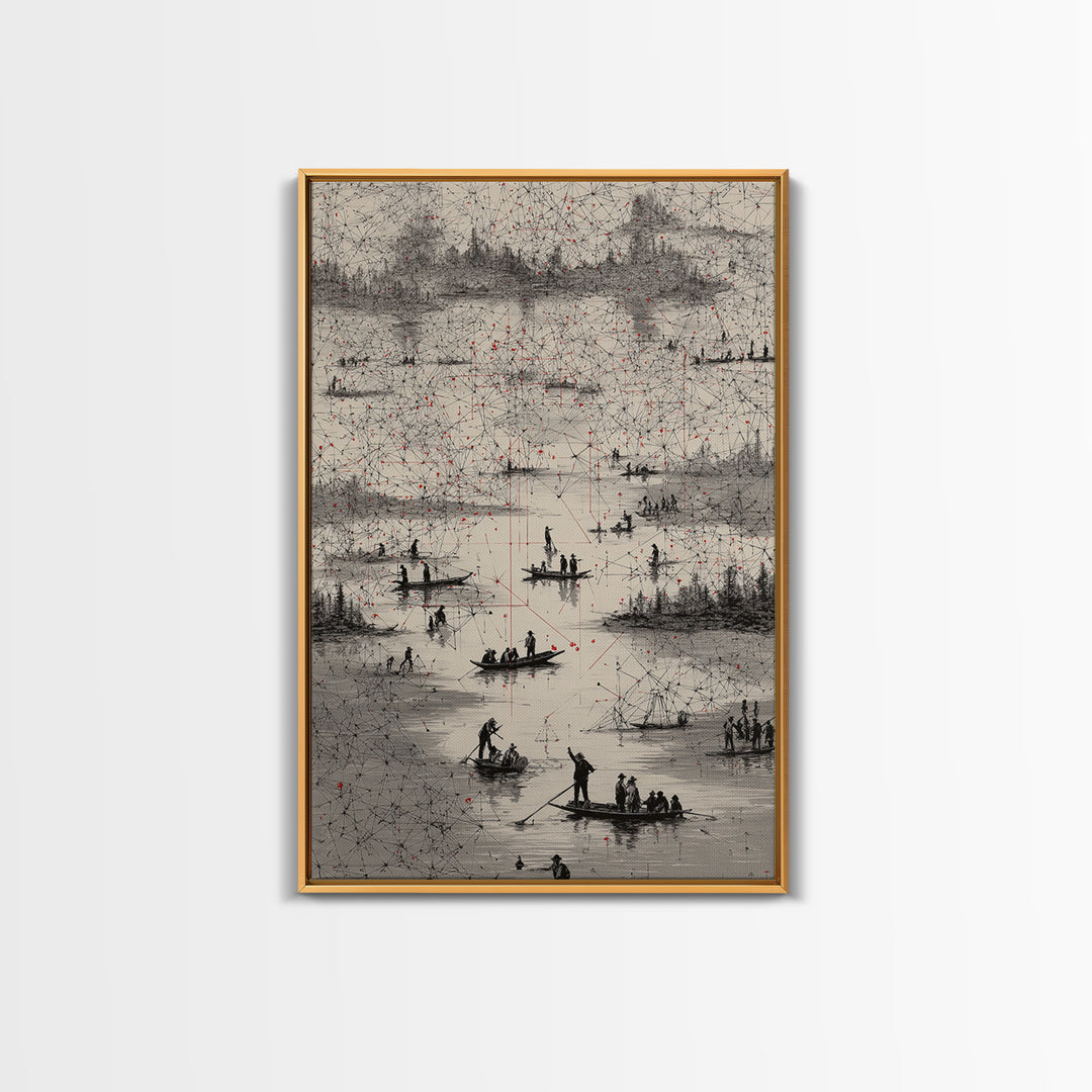 Monochrome River Boats With Red Lines Wall Art, African Landscape Print, Abstract Map Network, Cultural Gallery Home Decor