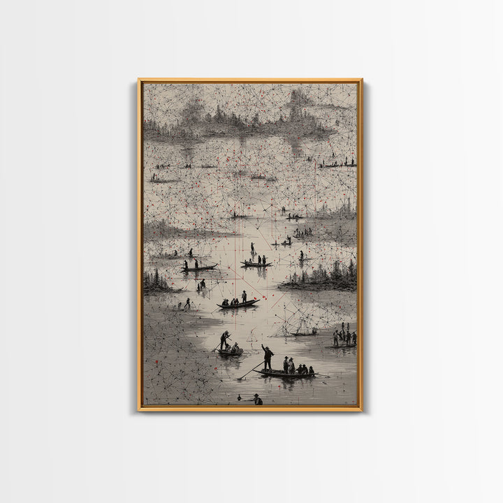 Monochrome River Boats With Red Lines Wall Art, African Landscape Print, Abstract Map Network, Cultural Gallery Home Decor