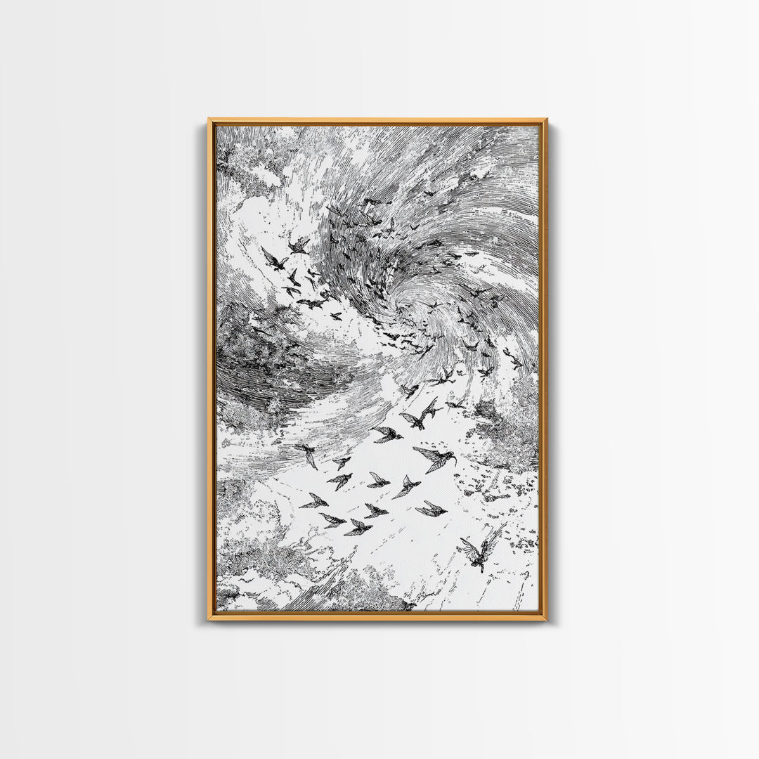 Black And White Bird Flock Storm Wall Art, Abstract African Inspired Nature Sketch, Minimalist Canvas Decor, Modern Office Gift