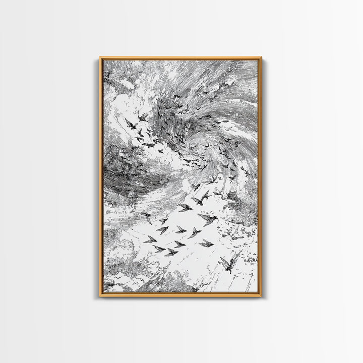 Black And White Bird Flock Storm Wall Art, Abstract African Inspired Nature Sketch, Minimalist Canvas Decor, Modern Office Gift