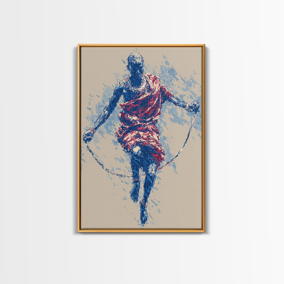 Maasai Warrior Jump Rope Dance Wall Art, African Tribal Art Print, Red Blue Athletic Portrait, Cultural Home Decor Gift For Him