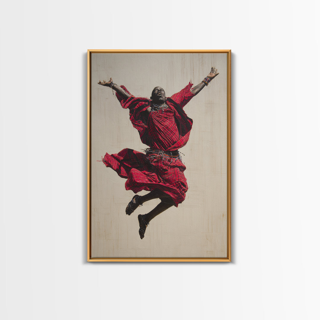 Joyful Maasai Dancer Leaping In Red Framed Canvas Print, African Warrior Art, Cultural Portrait, Bold Living Room Decor Gift