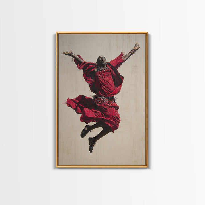 Joyful Maasai Dancer Leaping In Red Framed Canvas Print, African Warrior Art, Cultural Portrait, Bold Living Room Decor Gift