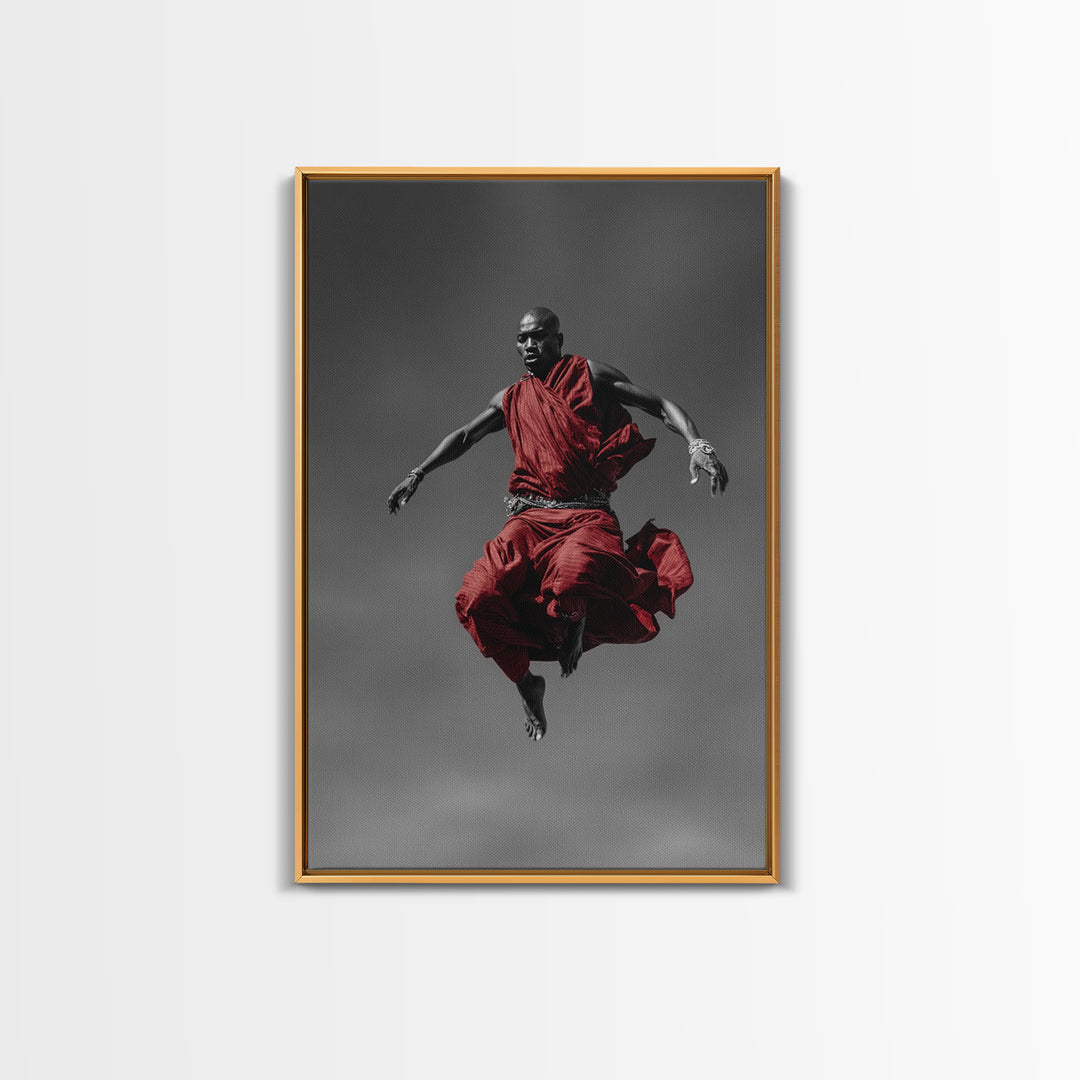 Floating Maasai Warrior In Red Robes Canvas Print, African Portrait Photography, Black Art Decor, Modern Cultural Wall Art