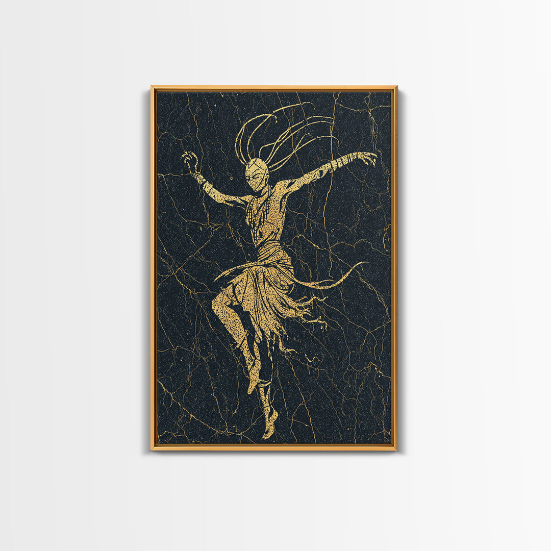 Gold Tribal Dancer On Black Cracked Texture Canvas Print, African Mask Art, Elegant Abstract Wall Decor, Spiritual Home Gift
