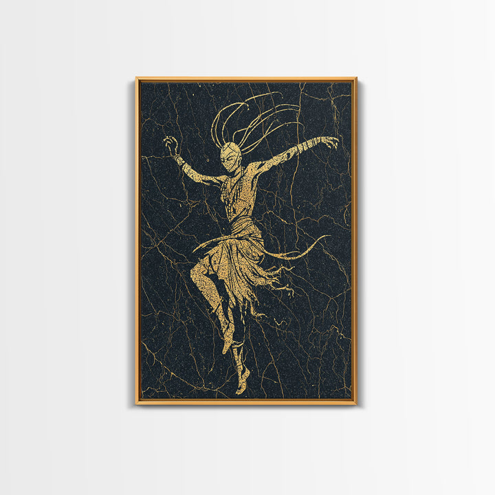 Gold Tribal Dancer On Black Cracked Texture Canvas Print, African Mask Art, Elegant Abstract Wall Decor, Spiritual Home Gift