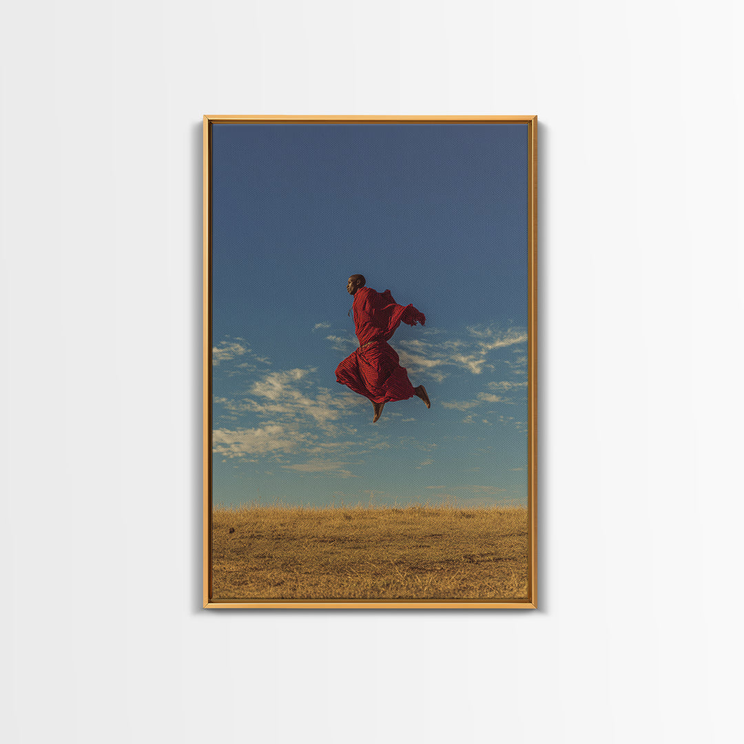Solo Maasai Warrior Leaping Above Golden Grass Wall Art, African Safari Portrait, Red Robe Landscape, Cultural Decor Gift