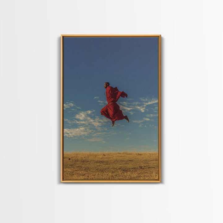 Solo Maasai Warrior Leaping Above Golden Grass Wall Art, African Safari Portrait, Red Robe Landscape, Cultural Decor Gift