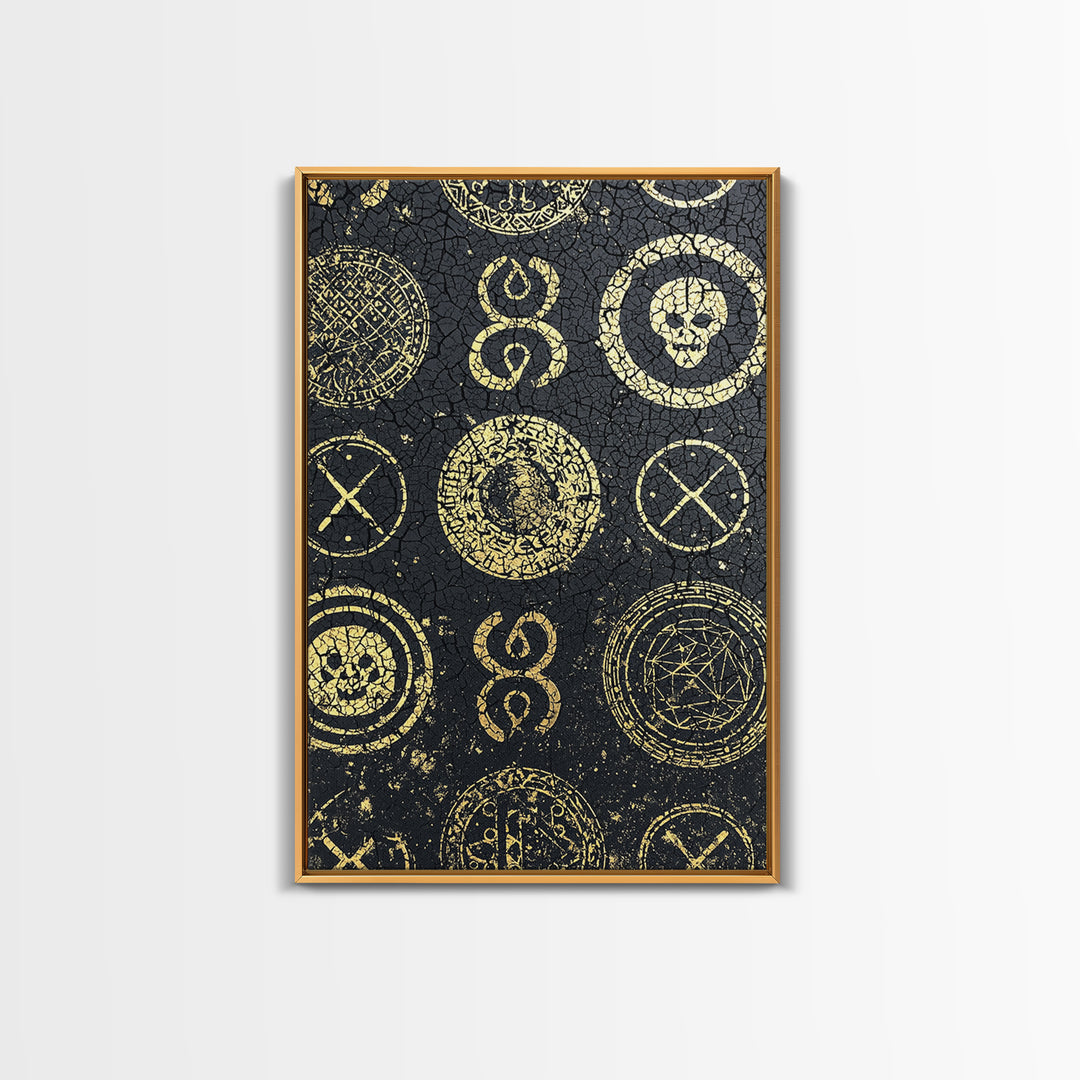 Gold Tribal Symbols And Skulls On Black Texture Canvas Print, African Abstract Wall Art, Mystical Pattern Home Decor Gift