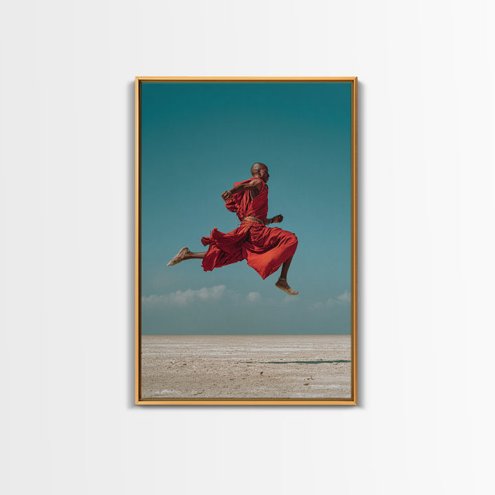 Leaping Maasai Warrior Canvas Print, African Wall Art, Red Robe Desert Photography, Tribal Decor For Living Room Wall Decor