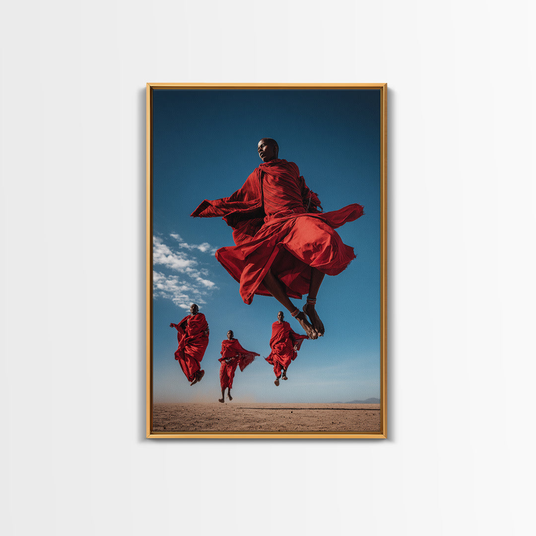 Maasai Warriors Jumping Framed Canvas Print, African Wall Art, Red Robe Tribal Decor, Safari Photography For Home Wall Decor