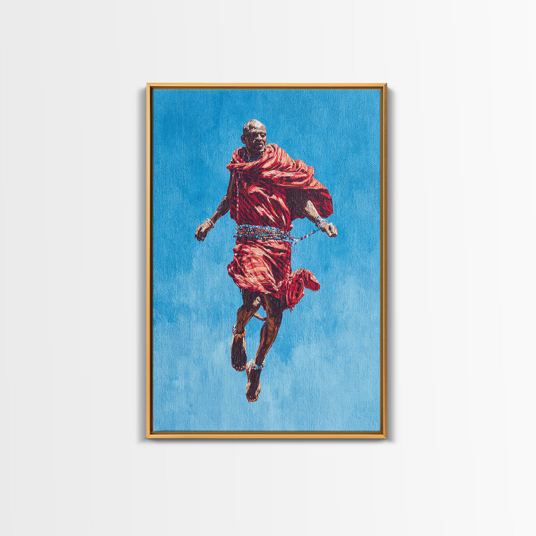 Painted Maasai Warrior Jump Wall Art, African Acrylic Art, Red Robe Tribal Portrait, Afrocentric Canvas Print Decor Gift