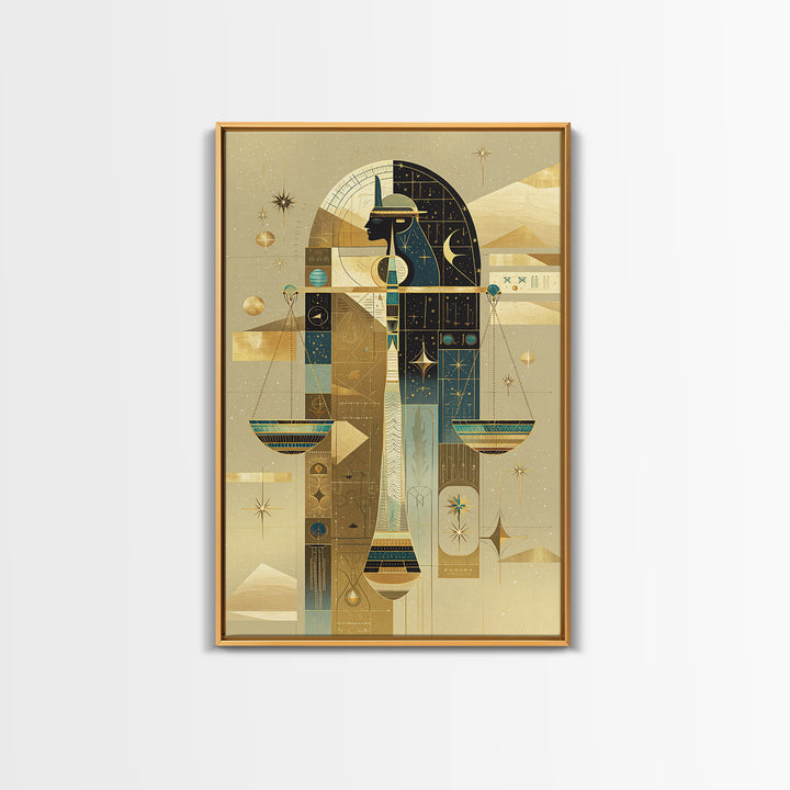 Anubis And Scales Framed Canvas Print, African Egyptian Art, Gold Black Wall Art, Mystical Spiritual Home Decor Gift For Her
