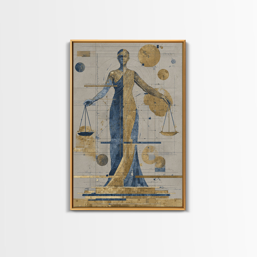 Blue Gold Lady Justice Goddess Canvas Print, Abstract African Wall Art, Modern Portrait Decor, Elegant Office Statement Piece