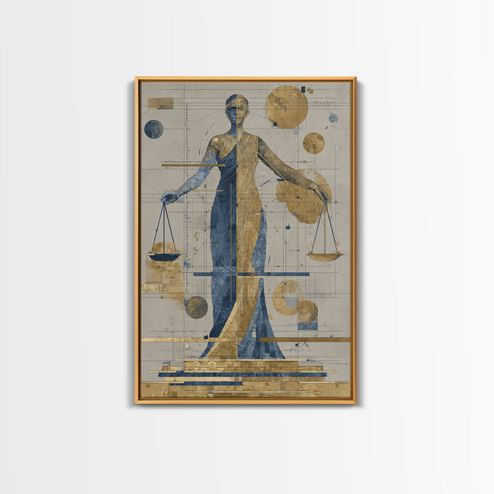 Blue Gold Lady Justice Goddess Canvas Print, Abstract African Wall Art, Modern Portrait Decor, Elegant Office Statement Piece