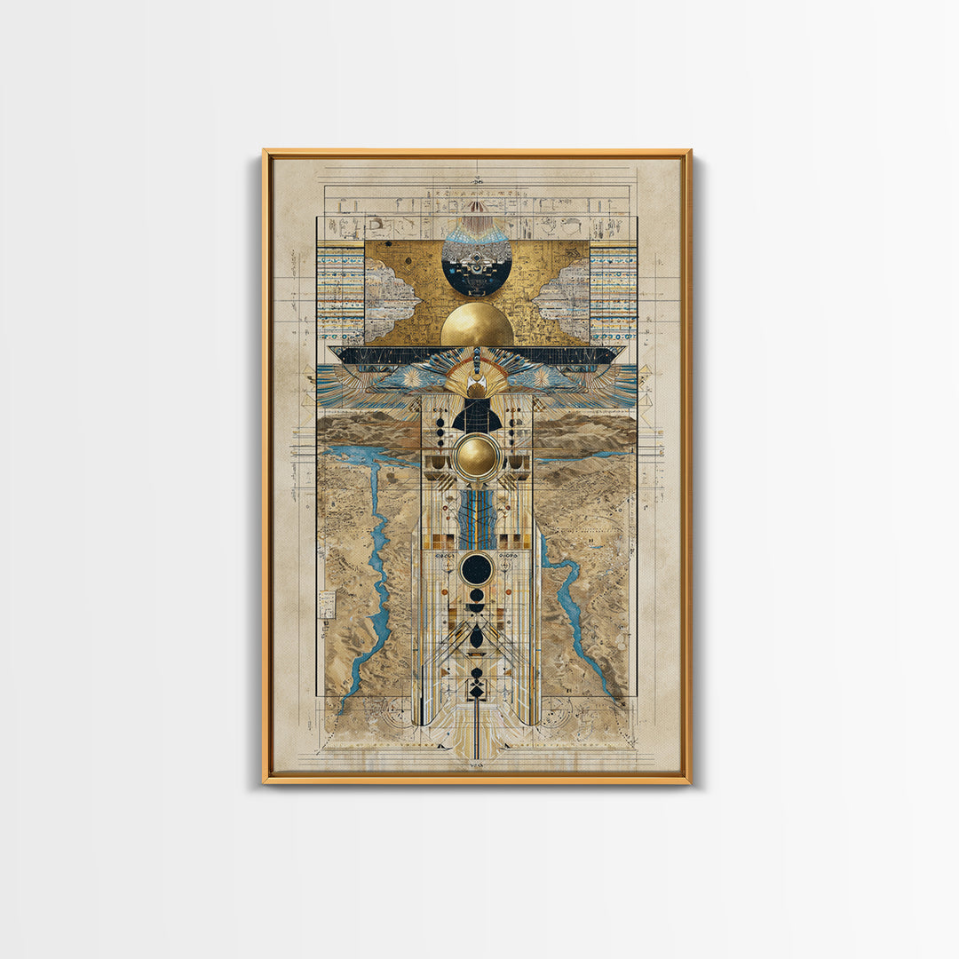 Egyptian Sacred Geometry Totem Canvas Print, African Egyptian Wall Art, Gold Blue Map Decor, Mystical Ancestral Poster Print