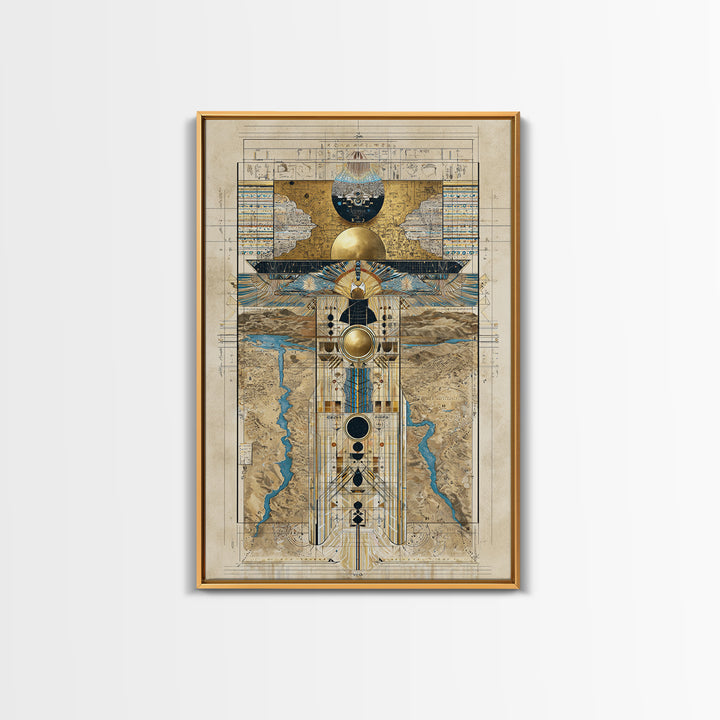 Egyptian Sacred Geometry Totem Canvas Print, African Egyptian Wall Art, Gold Blue Map Decor, Mystical Ancestral Poster Print