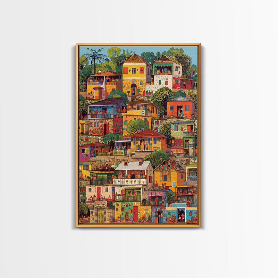 Colorful African Hillside Village Wall Art, Urban Home Scene Print, Tropical Architecture Decor, Vibrant Cultural Canvas