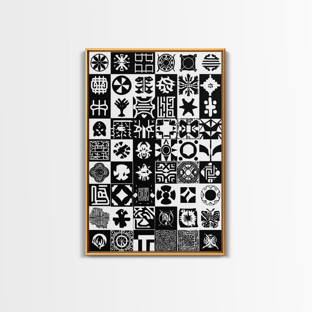 Black White African Symbols Wall Art, Adinkra Pattern Canvas Print, Tribal Art Decor, African Fabric Inspired Home Decor