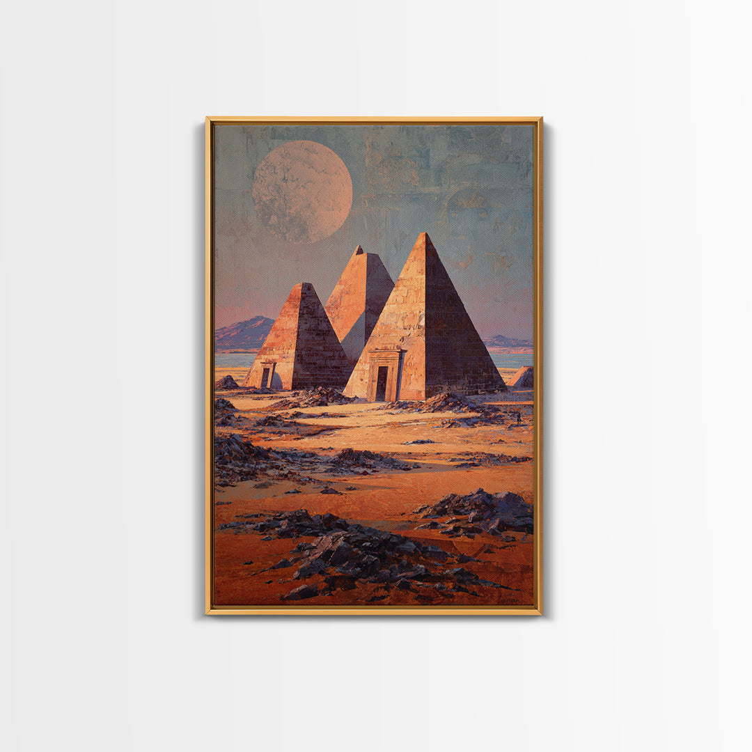 Moonlit Nubian Pyramids Framed Canvas Print, African Egyptian Art, Mystical Desert Wall Decor, Cultural Artwork, Home Decor Gift